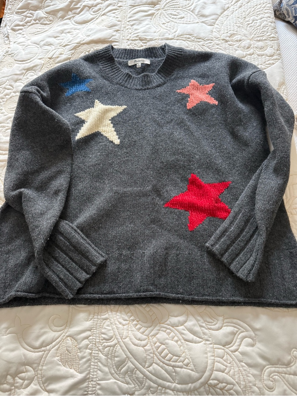 Madewell Wool Gray Star-Accent Crewneck Sweater - Red, Cream, Blue, Pink Stars